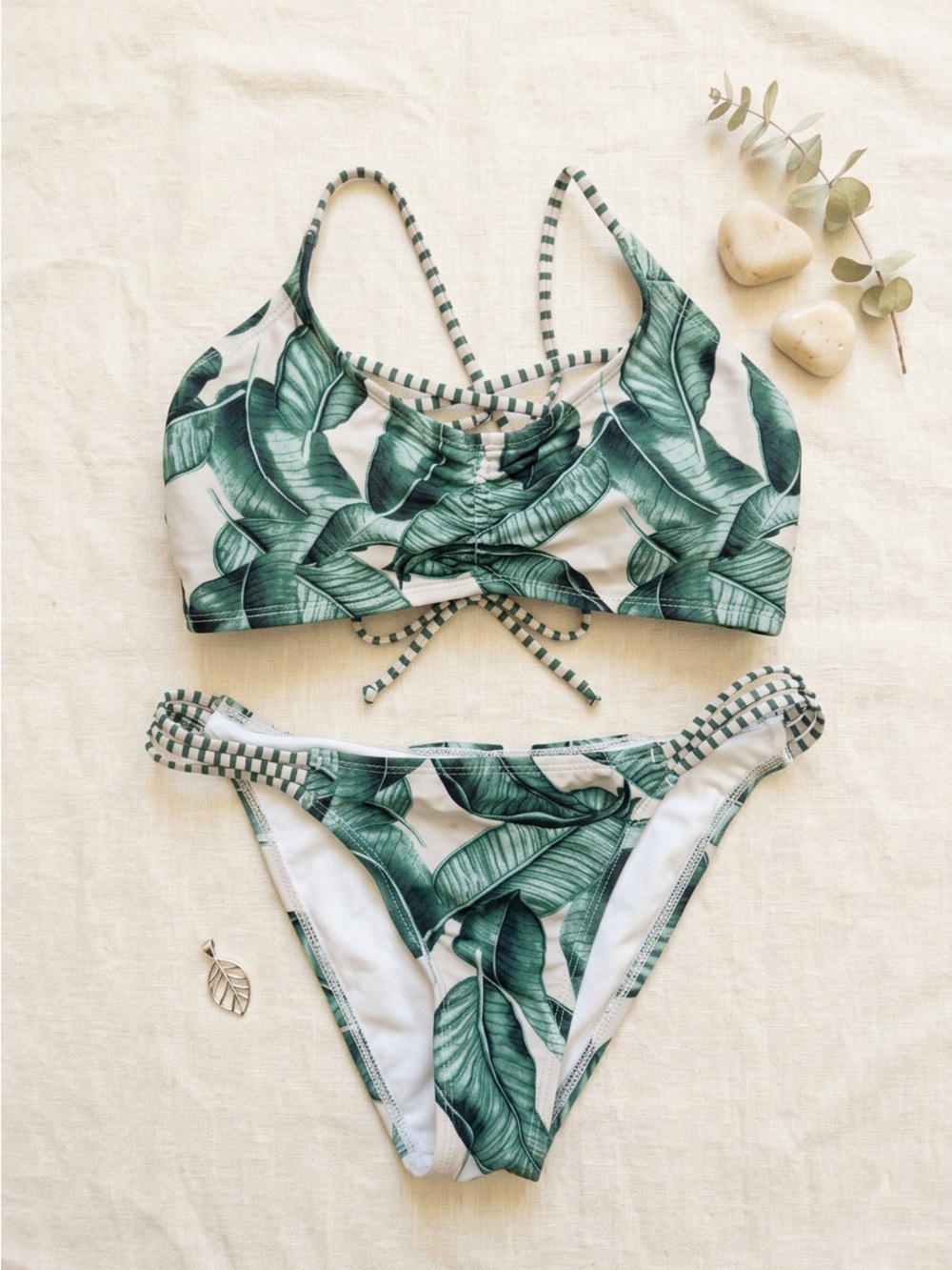 La Vie En Rose Aqua Tropical Palm Leaf Bikini Set | Top Medium / Bottoms XS